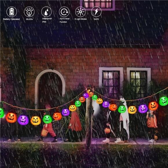 Upgraded Battery Operated Halloween Pumpkin Lights, 30 LED, 8 Modes, Waterproof - Picture 2 of 7